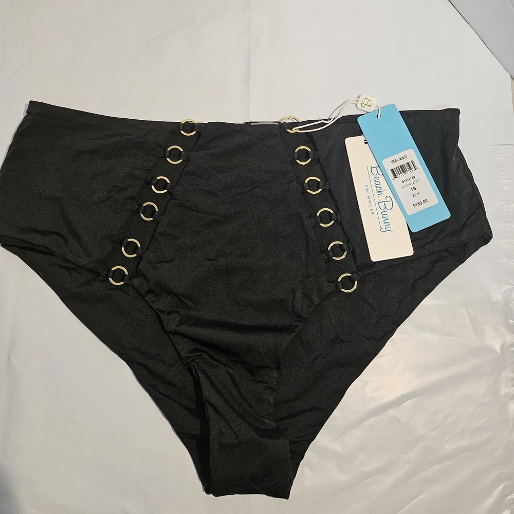Beach Bunny Ireland High Waist Bikini Bottom Black Gold Ring B18127B9 Size 16